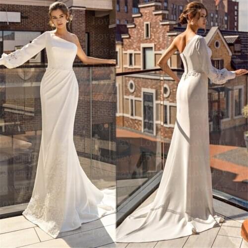 One Shoulder Muslim Mermaid Wedding Dresses 2021 Long Sleeves Lace Bridal Gown Vestidos De Novia Dubai Saudi Bride Dresses