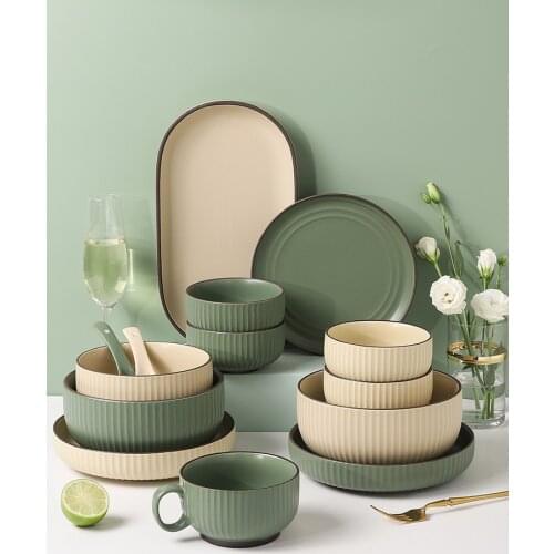 Bowls and plates set household retro matte striped tableware Nordic style ceramic rice bowl dinner plate kitchen supplies