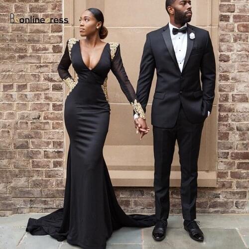 Party-Gowns Mermaid Prom Dress Lace Appliques Full Sleeve Long Prom Dresses Black Formal Gown Plus Size Vestido-de-festa Longo