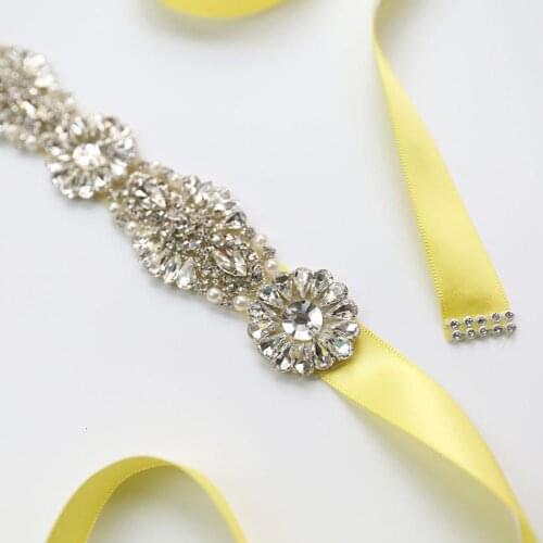 Yellow Ribbon Wedding Belt Sash For Bridal Bridesmaids Dresses Silver Rhinestones Bridal Belt Clear Crystal Hot Fix On Patch