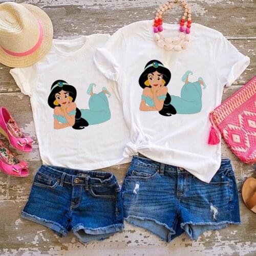 Disney Jasmine Women T-shirt Cartoon Cute Girl Baby Clothes Smart Assertive Princess Printed Family Matching Clothes Summer