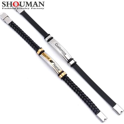 SOUMAN Fashion Simple Personality Woven Leather Silicone Gold Silver Bracelet Mens Stainless Steel Name Date Engraving Bracelet