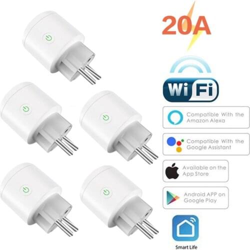 1-5pcs 20A WiFi Smart Plug EU Adaptor Voice Control Power Energy Monitor Outlet Timer Socket for Alexa Google Home Smartlife App