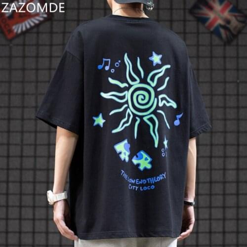 ZAZOMDE Hip Hop Streetwear Harajuku T-Shirt Sun Puzzle Letter Printed Tshirt 2021 Men Summer Short Sleeve Cotton Loose Tops Tees