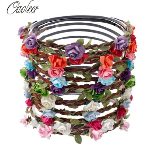 6pcs/Lot Women Bride Garland Floral Headband Bohemian Style Rose Flower Crown Hairband Ladies Elastic Hair Accessories