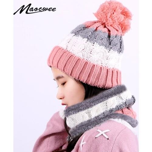 Women Beanies Pompon Hat And Scarf Set Winter Knitted Fashion Casual Neck Ring Scarf Thick Warm Soft Bonnet Cap With Lining Sets