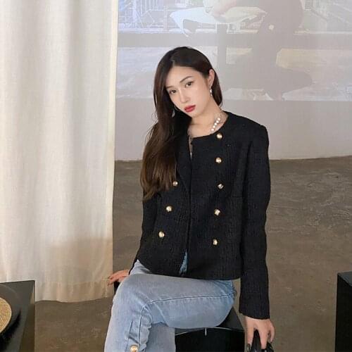 2021 Autumn Fashion Korean O Neck Long Sleeves Pockets Double Breasted Short Black Tweed Coats Women Jackets
