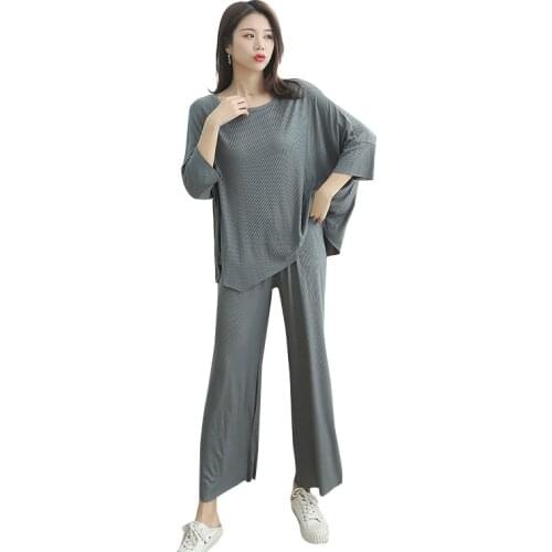 2020 New Plus Size Home Wear Pajamas Womens Round Neck Spring Summer Home Clothes Suit Nine Points Pants Pink Pyjamas Women