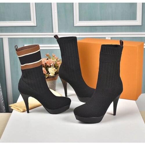 Womens Boots Genuine Leather Ankle Boots High Heels Sock Boots Stretch Fabric Boots Brands Designer Boots Large Size 35-42