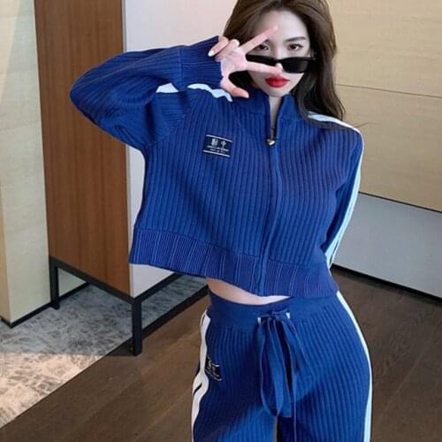 Autumn Winter 2021 Tracksuit Women Knitted Sports Suits Zipper Short Cardigan Coat + Wide Leg Pant Suits Casual Two Piece Set