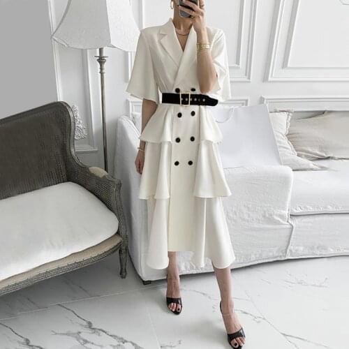2021 Summer Ruffles Double Breasted White Dress Women Notched Collar Office Ladies Elegant Dresses Short Sleeve Belted Vestidos