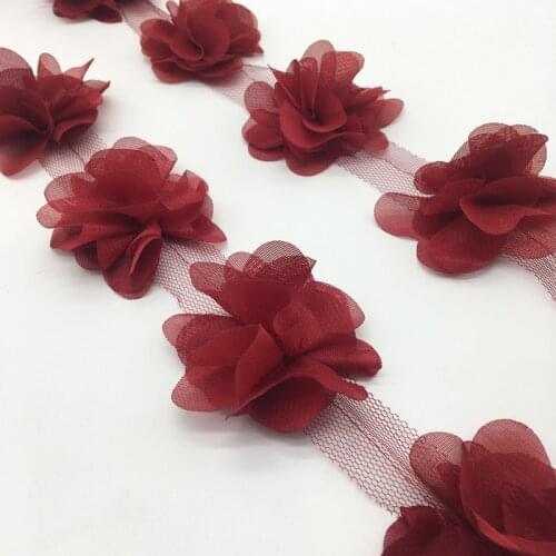 13pcs/yard 3D Deep red Chiffon Cluster Flowers Wedding Dress Bridal Fabric Lace Trim Fabric DIY Sewing
