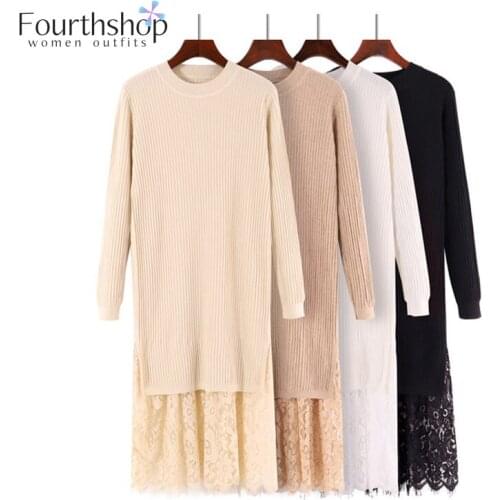 2019 Fashion Winter Dress Long Sleeve Lace Hollow Out Women Casual Knitted Sweater Dresses Feamle Autumn Womens Clothes