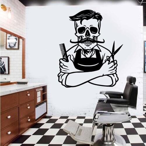 Large Skeleton Barber Shop Wall Sticker Hair Hairdresser Barbershop Skull Wall Decal Vinyl Home Decor