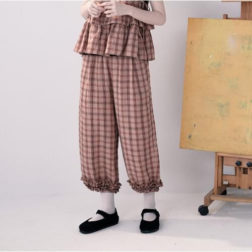 Imakokoni original linen plaid pants wooden ear loose casual pants nine-point wide-leg pants female summer 213316