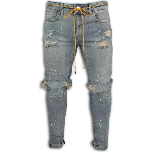 Men Jeans Stretch Destroyed Ripped Paint Point Design Fashion Ankle Zipper Skinny Jeans Men Casual Denim Trousers Streetwear