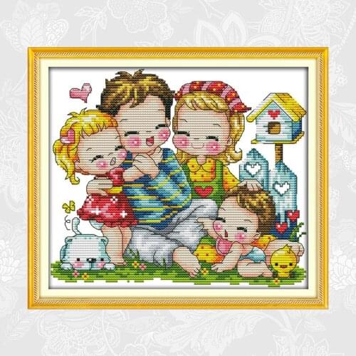 Joy Sunday A Happy Family Paintings Cross-stitch Handwork Beginner Embroidery Sets Aida Canvas 11CT 14CT Needlework Home Decor