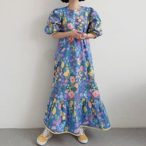 Summer new print Dress Round neck temperament loose retro woman dress Puff sleeve dresses for women 2021