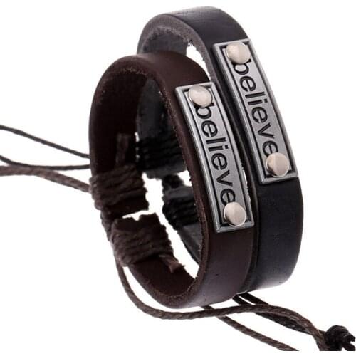 Fashion Men Believe Black Brown Bracelet Wrap Retro Genuine Leather Charm Bangle Handmade Wristband Vintage Casual Women Jewelry