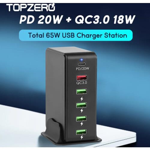 65W 6-Port USB Desktop Charger Hub type c QC3.0 Mobile Phone Fast Chargers adapter for iPhone 12 Series Xiaomi Samsung Huawei