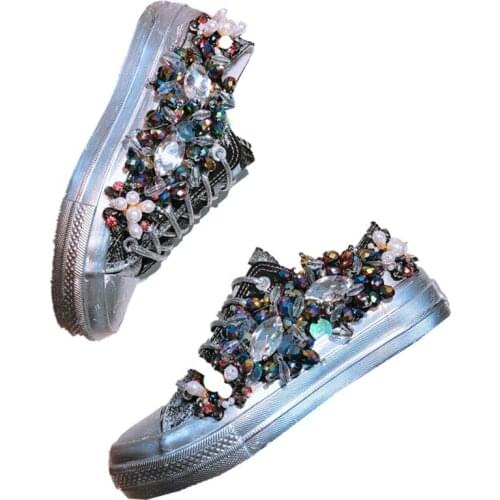 New heavy handmade rhinestone beading old retro white shoes casual canvas shoes single shoes