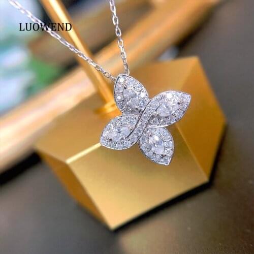 LUOWEND 100% 18K White Gold Pendant Necklace Real Natural Diamond Necklace Gift Four leaf Clover Design for Women Engagement