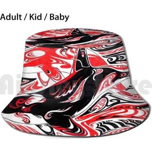 Dreaming : Orcas Bucket Hat Adult kid baby Beach Sun Hats Ishaway Orca Dreaming Killer Whale Tribal Red Black White Whale