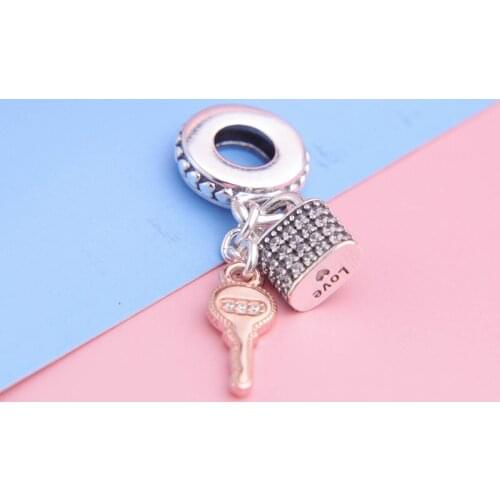 New Valentines day Pave Padlock & Key Dangle Love Charms fit Pan Bracelet necklace DIY For women jewelry Wholesale