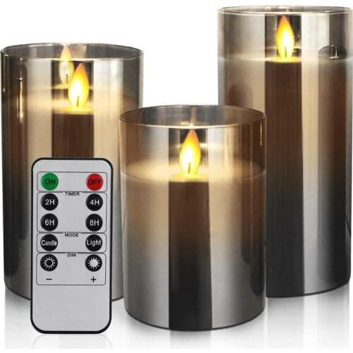 Remote controlled Battery operate Pillar Candle Paraffin Wax LED Glass Candle Dancing Swinging wick Home Bar Decoration-Grey