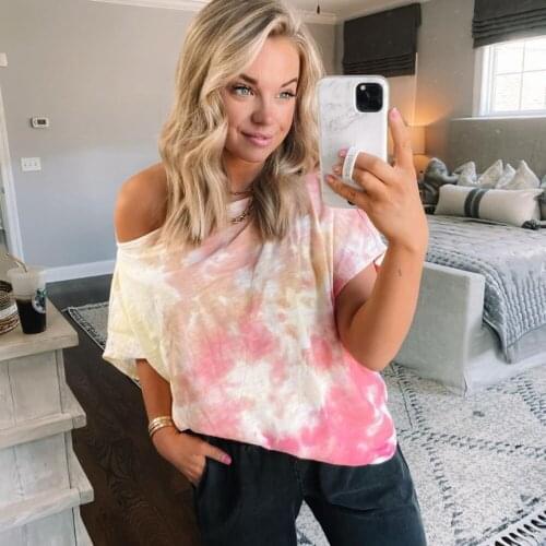 Sexy Women Summer Gradient Tie-Dyed Printed Sports Casual Off shoulder Short Sleeve T-Shirts Tee Tops