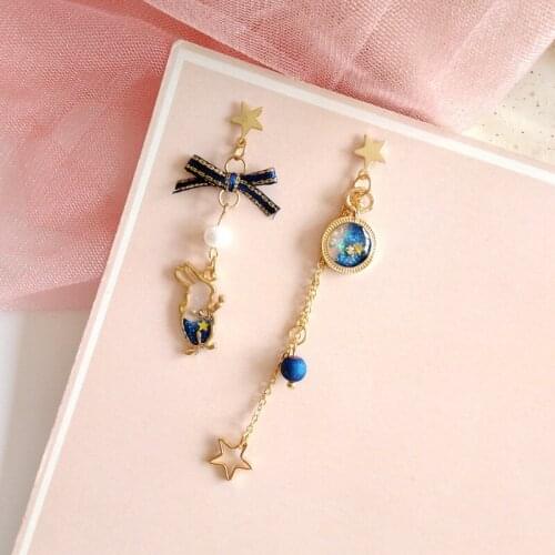 Cute Blue Dream Rabbit Bow Clip on Earrings Asymmetric Temperament Female Long Star Tassel Clip on Earrings Without Piercing