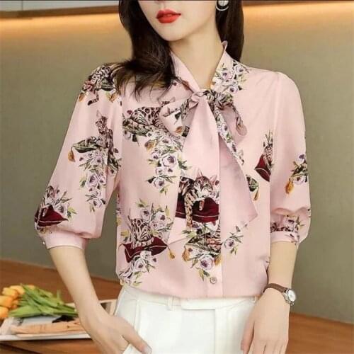 Streamer Bowknot Blouse Imitation Silk Printed Women Blusa Pullover Short sleeves Work Tops Offce Ladies Pink Casual Shirts