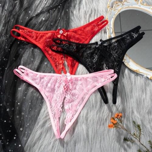 Sexy Women Lace Hollow Out G-String Open Crotch Underwear Fashion Bow T back Female Transparent Mesh Thong Exotic Lingerie