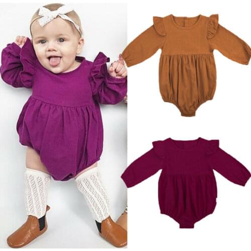 US Stock Newborn Baby Girl Autumn Clothes Ruffle Solid Romper Jumpsuit Flying Long Sleeve Cotton Outfits 0-3Y