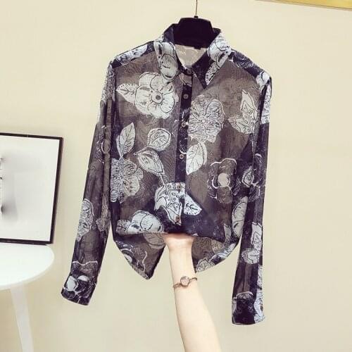 Vintage Black Printed Women Shirts Summer New 2021 Lightweight Long-Sleeved Office Lady Outwear Tops