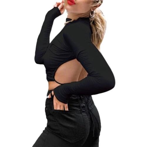Women Long Sleeve Turtleneck Slim T-Shirt Sexy Hollow Out Backless Tops Ruched Lace-Up Bandage Street Clubwear