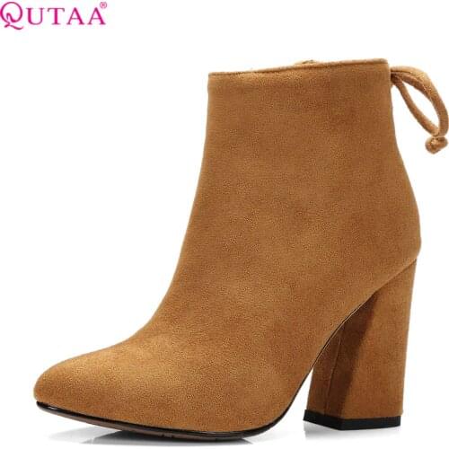QUTAA 2020 Women Shoes Ankle Boots Elastic band Stretch Fabric Hoof High Heel Fashion Women Party Shoes Black Warm Size 34-43