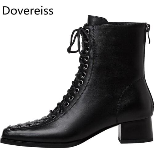 Dovereiss Fashion Womens Shoes Winter Concise New Sexy Zipper Square toe Brown Cross tied Clear Heels Boots Block heels 34-45