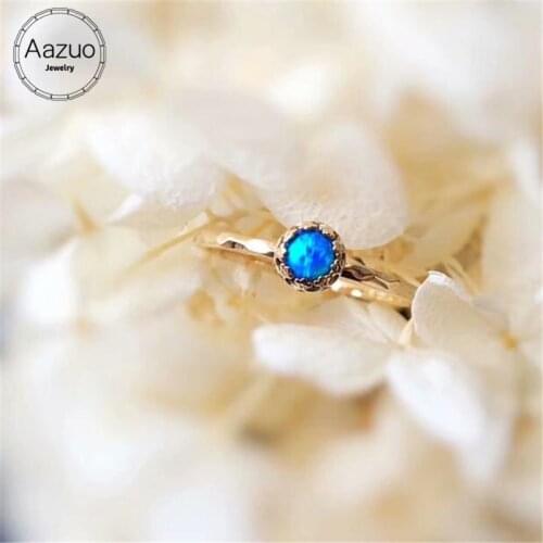 Aazuo 18K Yellow Gold Natural Blue Opal Bud Flower Ring Charm Jewelry Fashion Love Gift Tiny Thin For Woman