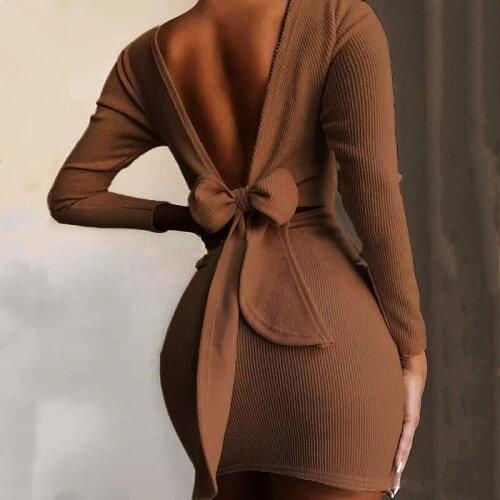 Women Bodycon Mini Dress 2021 Summer Spring Sexy Bow Open Back Long Sleeve Short Dresses Female Solid Color Party Dresses