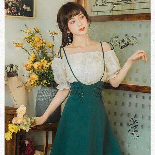 French Vintage Dress Set Summer Flare Sleeve Square Neck Elegant Chic Bowknot Lace Cute High Waist Retro Dress