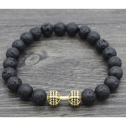 8mm gdf2 Dumbbell micro pave cz zircon elastic thread black volcanic lava Stone bead essential oils diffuser Bracelet Bangles
