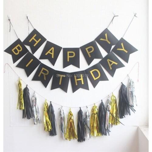 Black White Green Pink Birthday Banner Flag with Hanging Tassel Garland and Gold Letters Bunting for Birthday Decoration