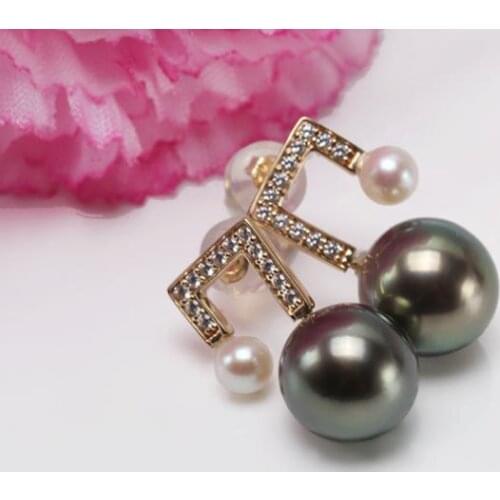 Free shipping pair of 5-10mm Tahitian round black green pearl earring