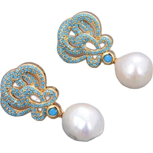 GG Jewelry Natural Keshi Edison White Pearl Gold Plated Turquoise Blue Cz Drop Earrings