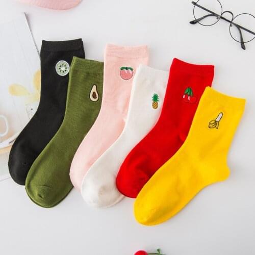 Hot Sale Colorful Women Cotton Crew Socks White Yellow Funny Banana avocado fruit Pattern Ladies Novelty Cartoon Sock For Gifts