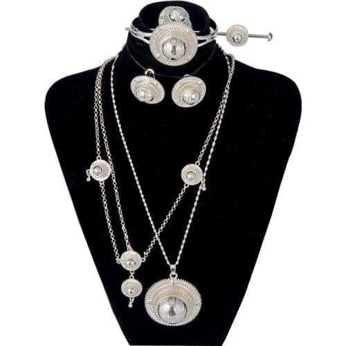 6pcs/lot Dubai Jewelry Set for Women Ethiopian Silver Pendant Chain Earings Ring HairPin Bracelet Eritrea Africa Habesha Wedding