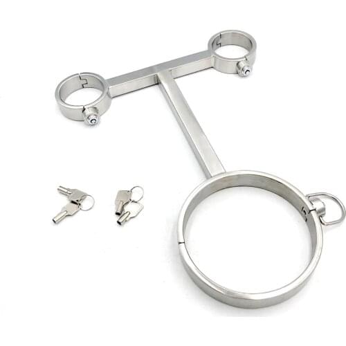 Press Lock Stainless Steel Bondage Yoke Pillory Handcuffs Wrist Cuffs Neck Collar Restraints Cangue Adult Sex Toys For Male