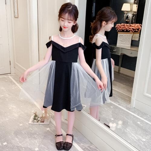 New Fashion Teen Girls Off Shoulder Mesh Patchwork Costume Party Evening Dress 2021 Summer Princess Elegant Teenage Kids Clothes