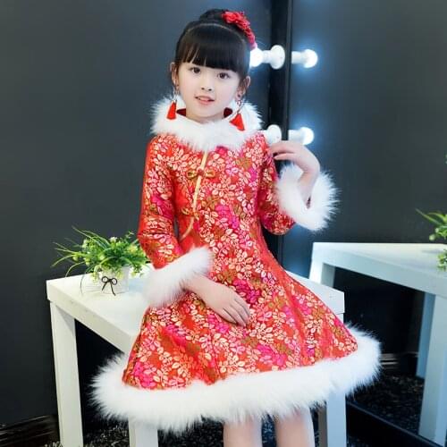New Year Dress for Girls Chinese Traditional Dress Cheongsam Winter Thick and Quilted Qipao Children Chinese Clothing